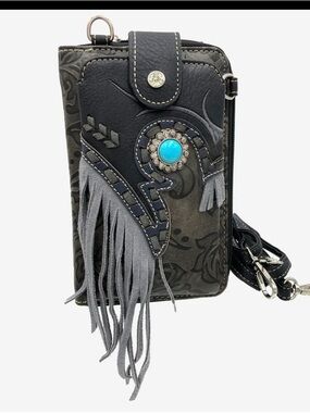 Fringed Black & Gray Crossbody Wallet with Turquoise Accent